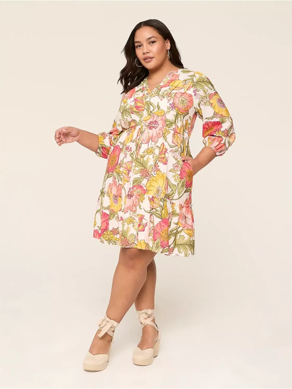 Lane Bryant Floral Tiered V-Neck Dress in Pink, Yellow & Green